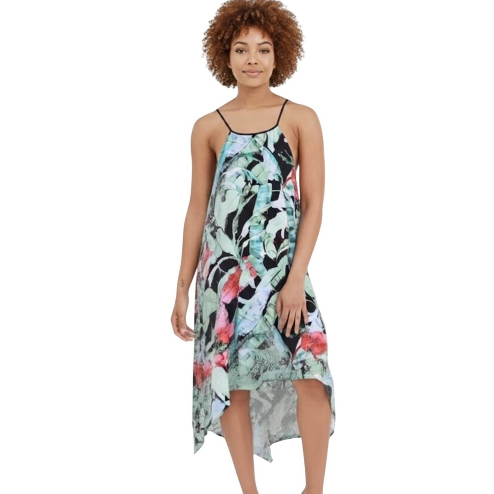 LC Lauren Conrad Tropical Leaves Halter Slip Dress XS Green Black NWT $64